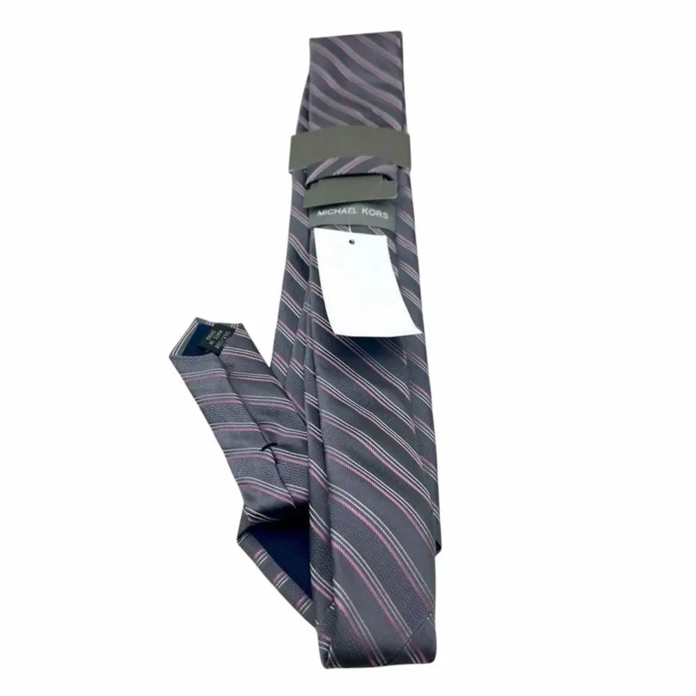 NWT Michael Kors 100% Silk Grey/Pink/White Striped Elegant Neck Tie